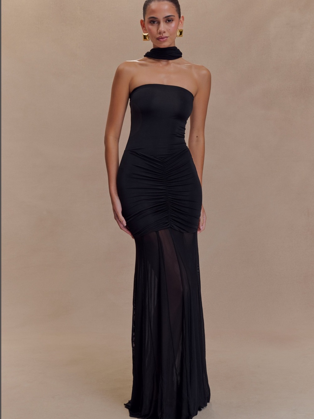 Meshki Black Strapless Ruched Maxi Gown